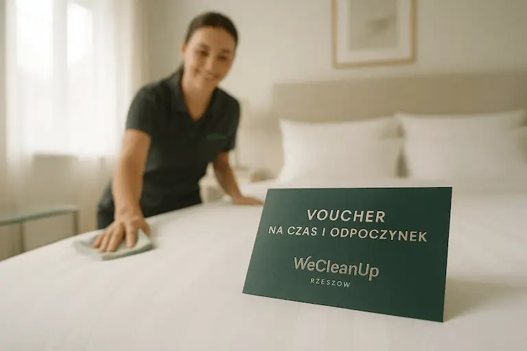Voucher na sprzątanie WeCleanUp Rzeszów prezentowany na idealnie posprzątanym łóżku